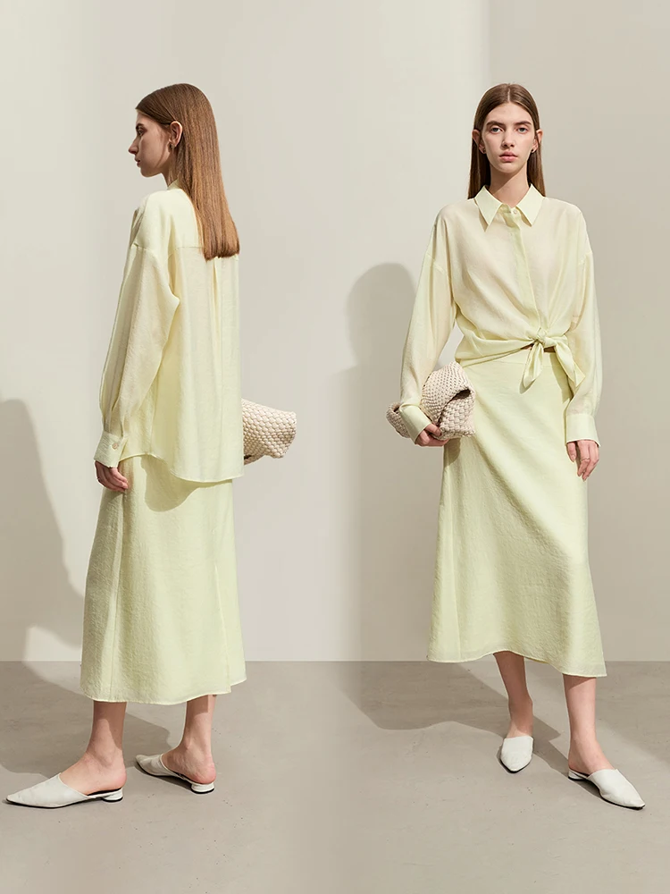 AMII Minimalism Dress Sets 2024 Spring New Office Lady Women Blend Long Loose Shirt + Solid Half-body Skirt Female Suit 12421009