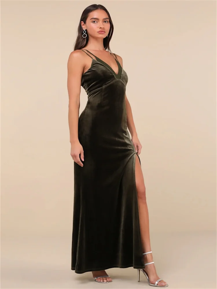 Personalizado Olive Green Velvet Backless Maxi Vestido sem mangas Profundo V-neck V-back Peito Paneled Side Slit Sereia Evening Gown