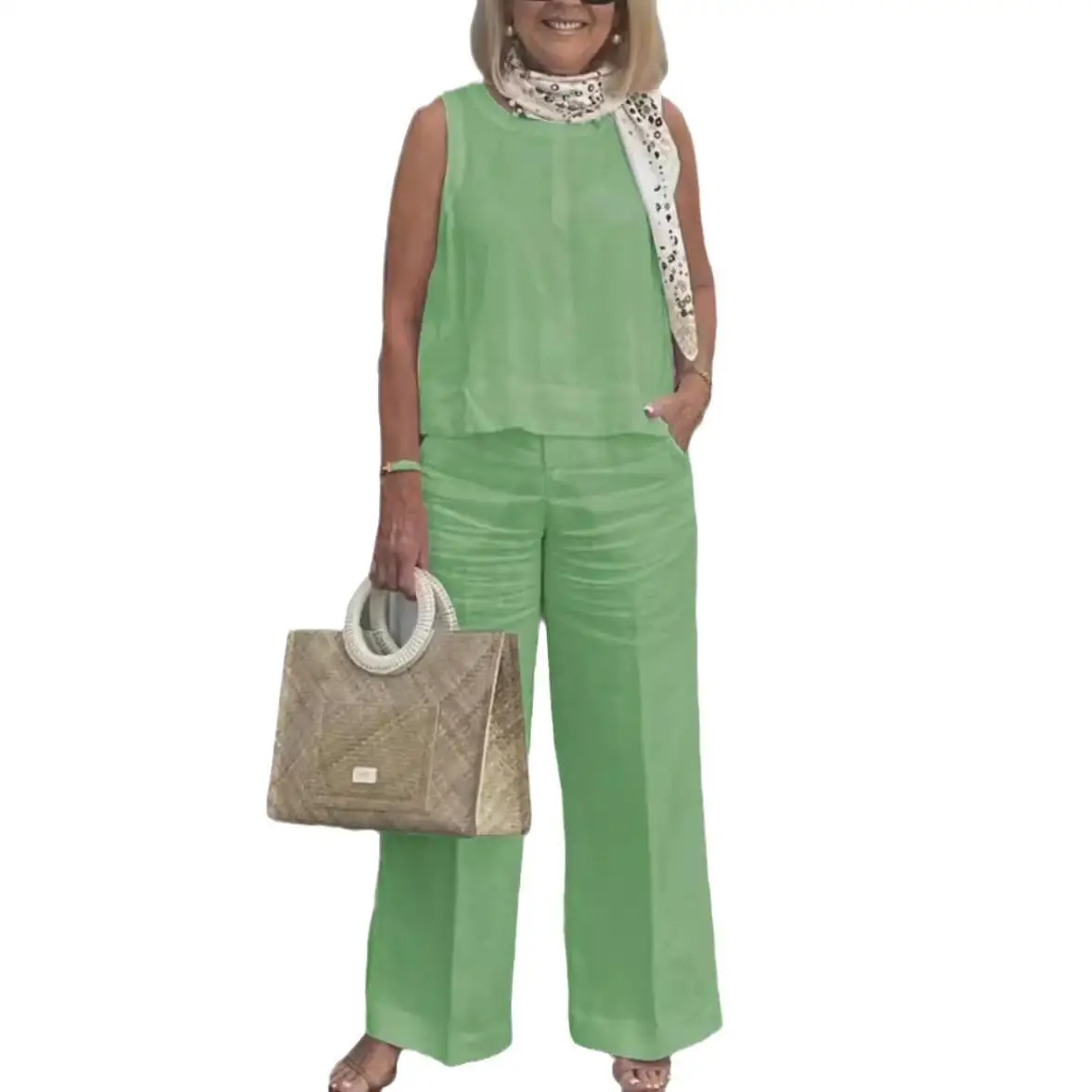 Conjunto de lino y algodón para mujer, pantalones de pierna ancha, traje de dos piezas, cómodo y transpirable, verano 2024