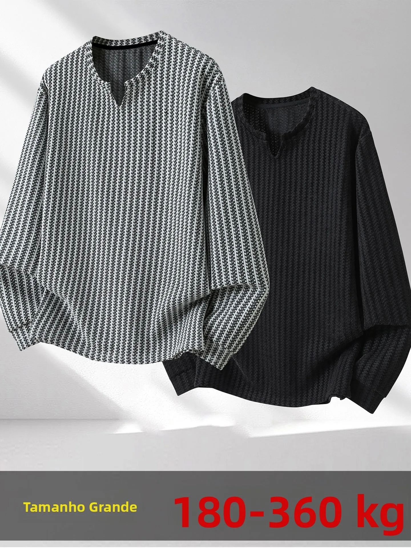 Camiseta de Manga Longa com Listras para Emagrecimento, Decote em V, Tamanho Plus, Estilo Casual Urbano, Tecido de Poliéster ...