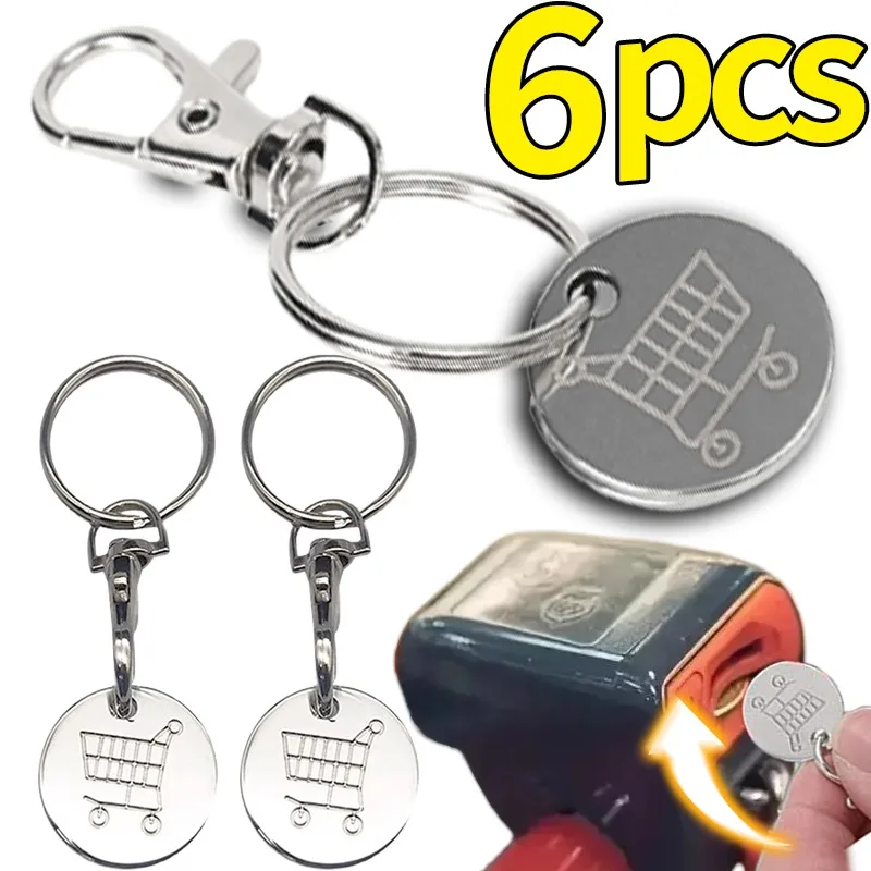 1/6Pcs Portable Shopping Cart Tokens Keychains Universal Small Metal Stainless Steel Key Ring Ornament Decoration Trolley Tokens