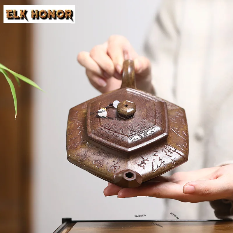 400ml Yixing Purple Clay Large-capacity Teapots Handmade Hexagonal Flat Pot Raw Ore Wood-fired Mud Kettle With Filter Zisha Tea