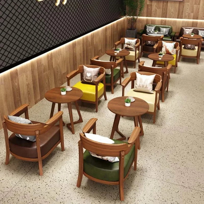 Retro cafe negotiation simple leisure reception area book bar restaurant dessert milk tea shop solid wood sofa chair combination