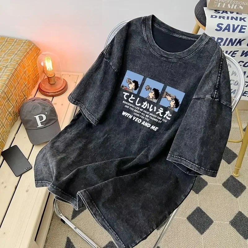 

Washed men's T-shirt summer retro couple half-sleeve cotton hip-hop loose trend with a variety of pattern options