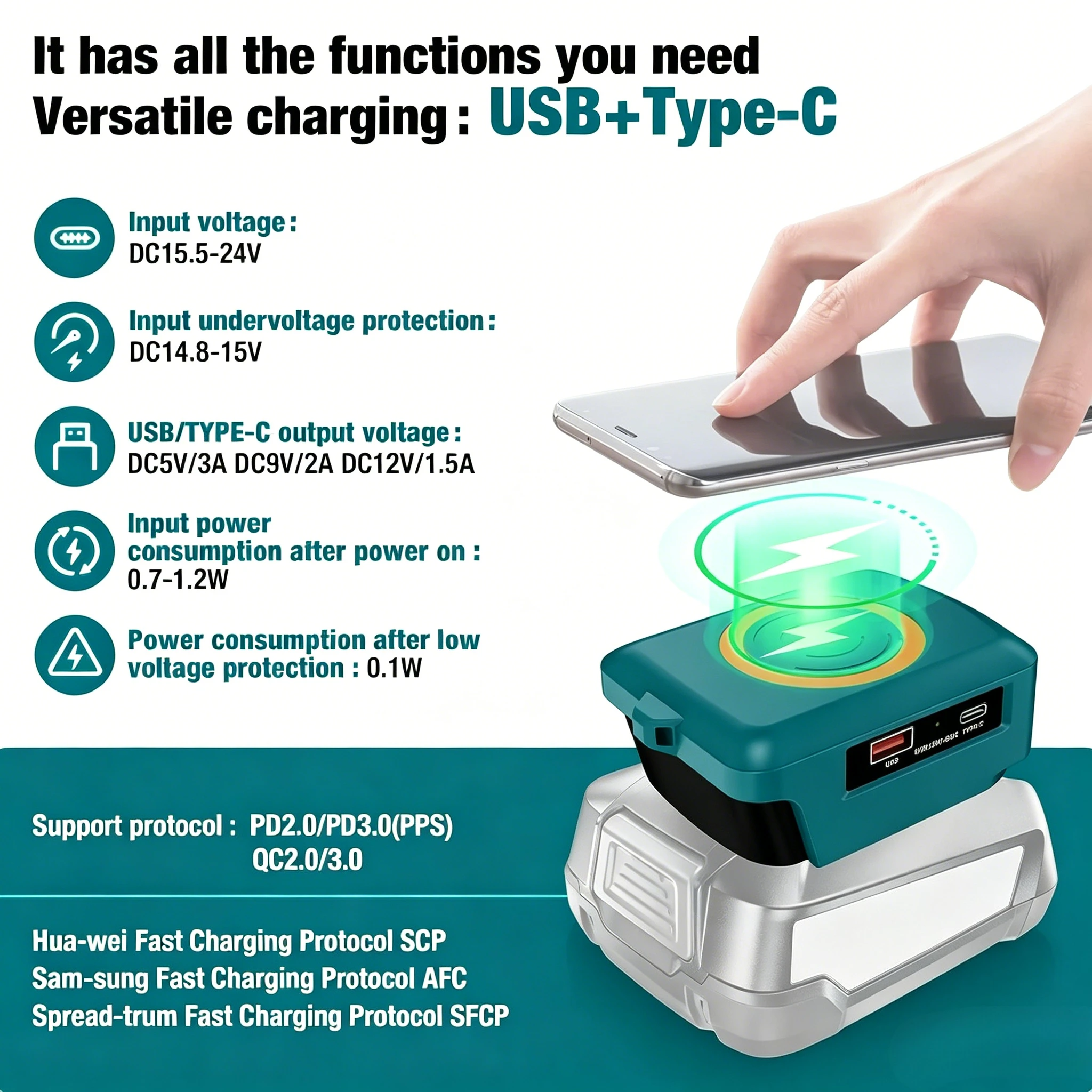 15W Wireless USB Charger Adapter for Bosch 18v PBA Series Battery Charging Station Adapter for Phone with Type-C
