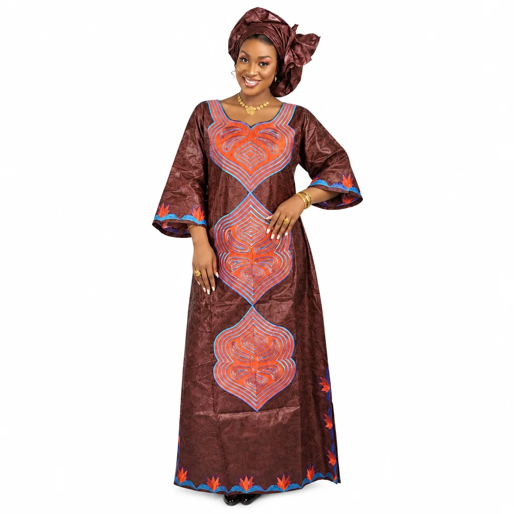 African Dresses For Women Plus Size Bazin Riche Embroidery Design Long Dress With Scarf