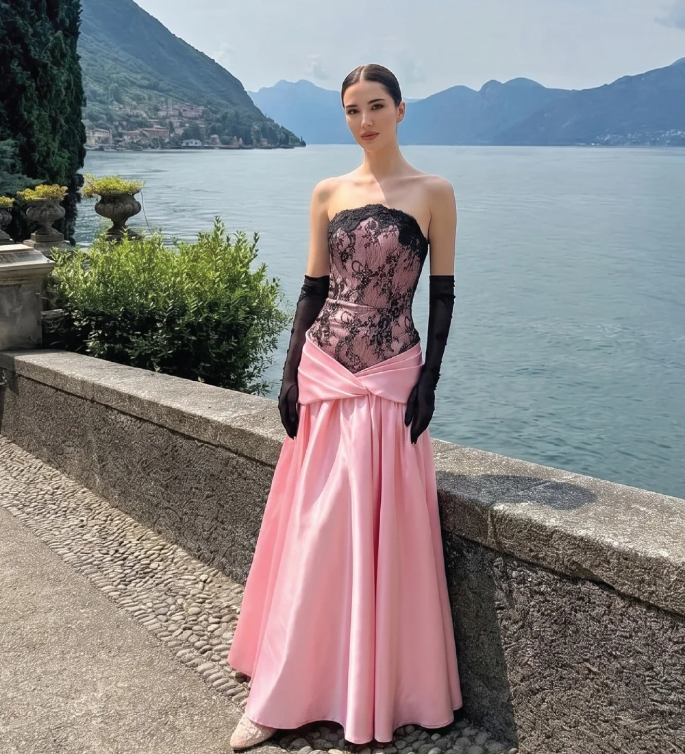 Customized Sexy Fashion Pink Lace Draped A-line Strapless Floor-Length Evening Dresses For Wedding Party Sizes Available