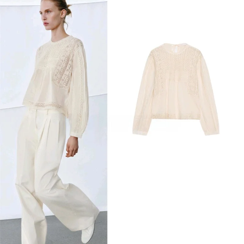 

Spring New Arrival Women's mat Sle irt with Knot Long Sve round Ne Embroidered Top Breathable Polye...