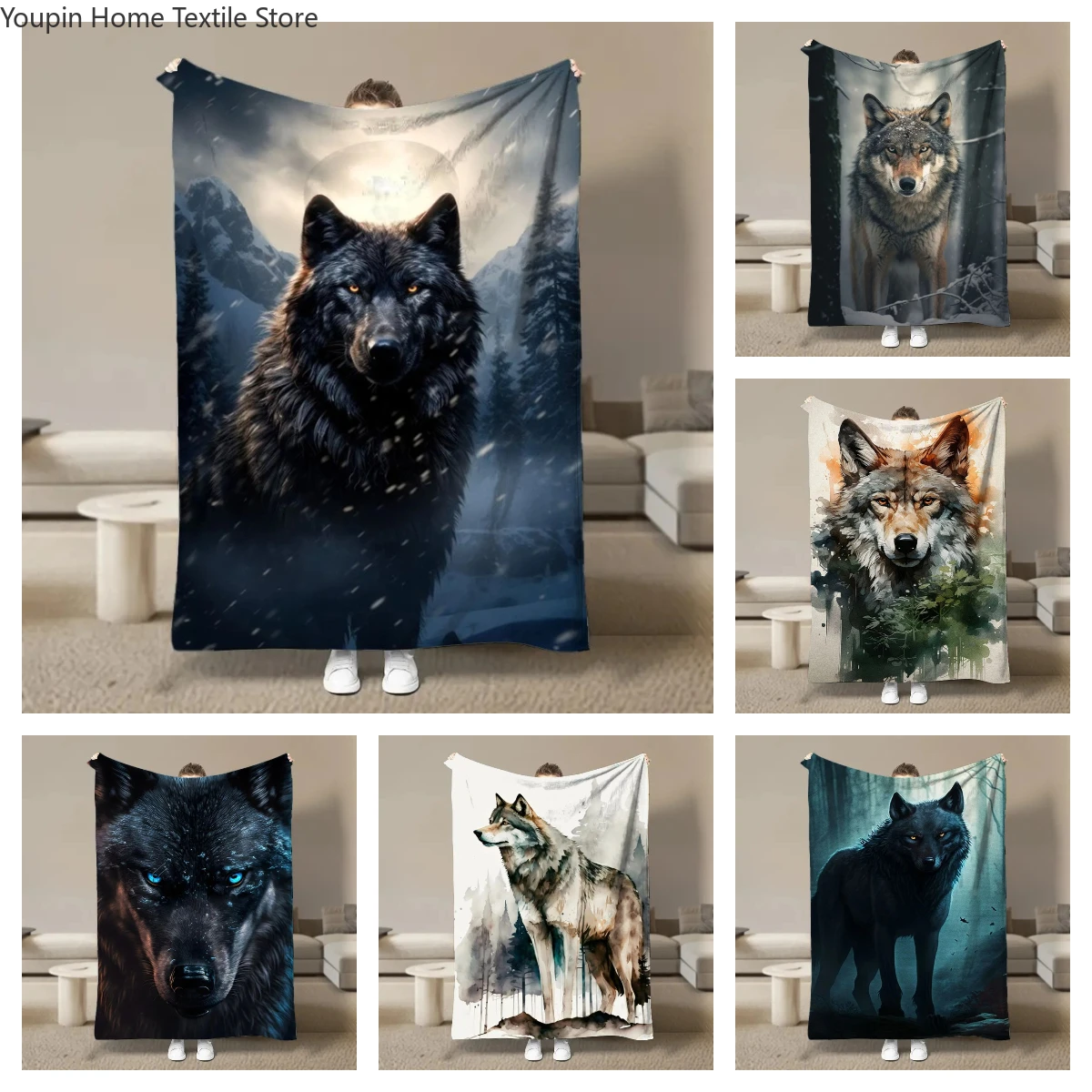 

Black Wolf Flannel Fluffy Fleece Blanket for Home Bedroom Bed Sofa Office Children's Cover Adult Soft Nap Blanket Kid Cute Gift