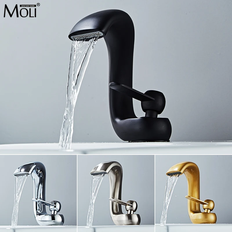 

Black Bathroom Sink Mixer Tap Brush Nickel Gold Hot Cold Basin Faucets Single Handle Deck Mounted Bath Crane MOF453