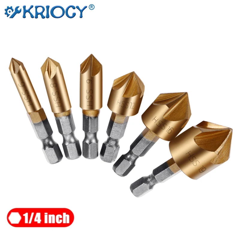 6pcs Countersink Drill Bit Set 1/4'' Hex Shank HSS 5 Flute Countersink 90 Degree Wood Chamfering Cutter Chamfer 6mm-19mm