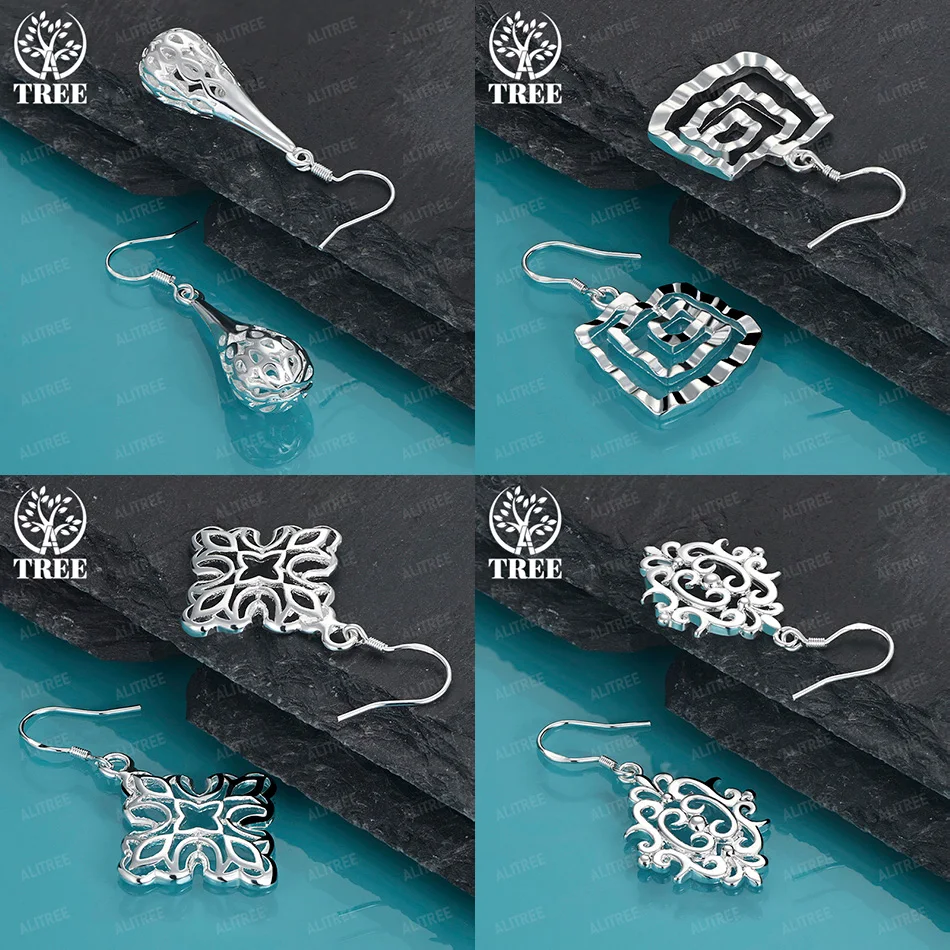 

925 Sterling Silver Square Pattern Hollow Water Drop Spiral Square Drop Earrings Girls Birthday Party New Jewelry Accessories