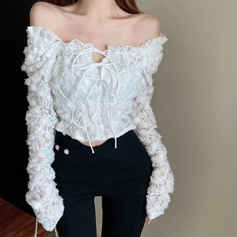 MiiiiX French Elegant Floral Lace Off-shoulder Shirt Women's Blouse Slim Slash Neck Lace-up Crop Top 2024 Autumn Female Clothes