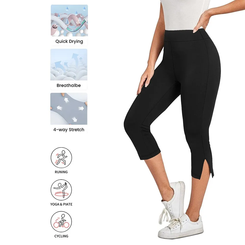 Women Capri Pants High Waist Black 3/4 Pants Slim Fit Navy Blue Cropped Leggings Stretch Grey Yoga Capris Athletic Side Slit