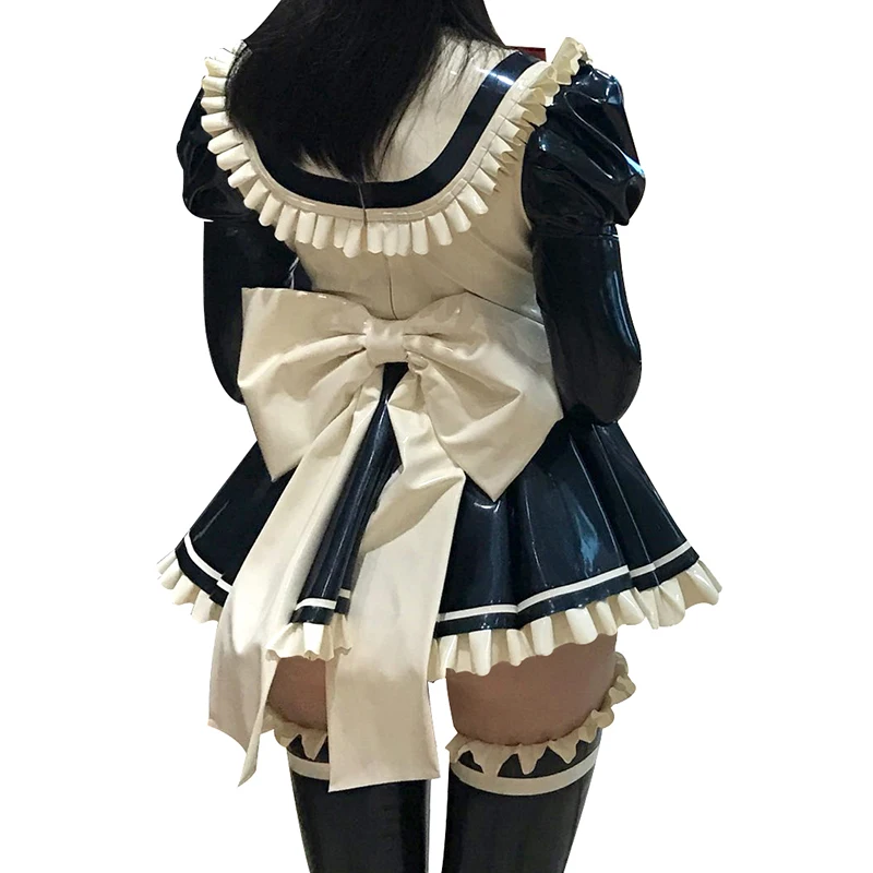 Sexy Latex French Maid Dress With Zippers Back Puffs Sleeves Ruffles Bows Rubber Uniform Outfit Bodycon Playsuit LYQ-0322