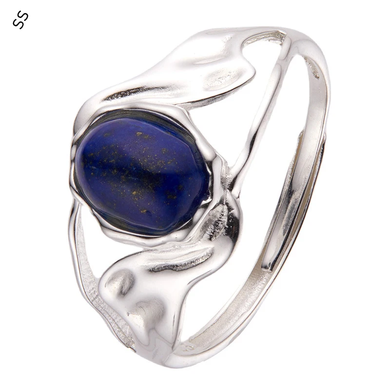 

Niche Design S925 Pure Silver Natural Blue Tiger Eye Stone Ring Male/Female Accessories with Irregular Adjustable Hand Charms