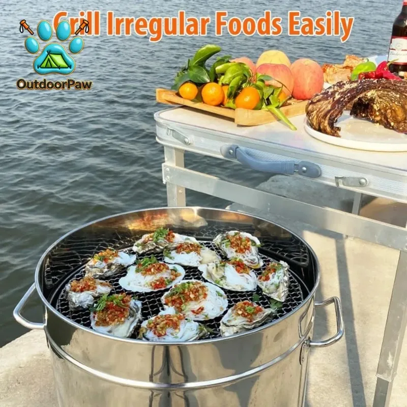 Large Portable Smokeless Charcoal Grill - 360° Stainless Steel BBQ Barrel with 50 Skewers, for Camping,Picnics&Backyard Cooking