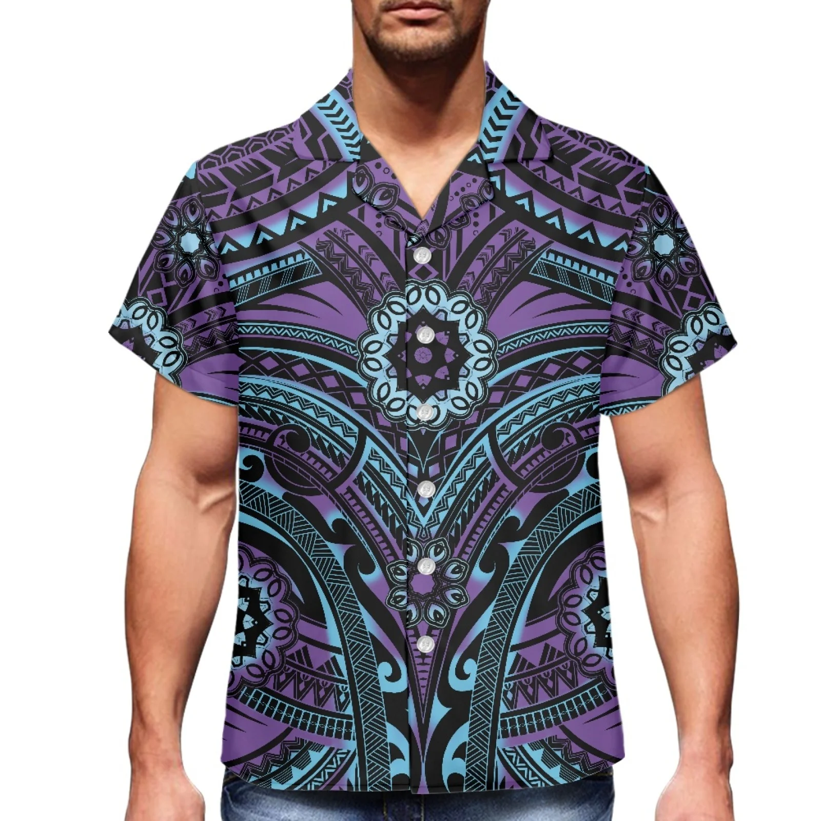 

Men's Short Sleeve Lapel Shirt Samoa Tribal Personality Print Casual Fashion Spring And Autumn Cardigan Simple Haute Couture