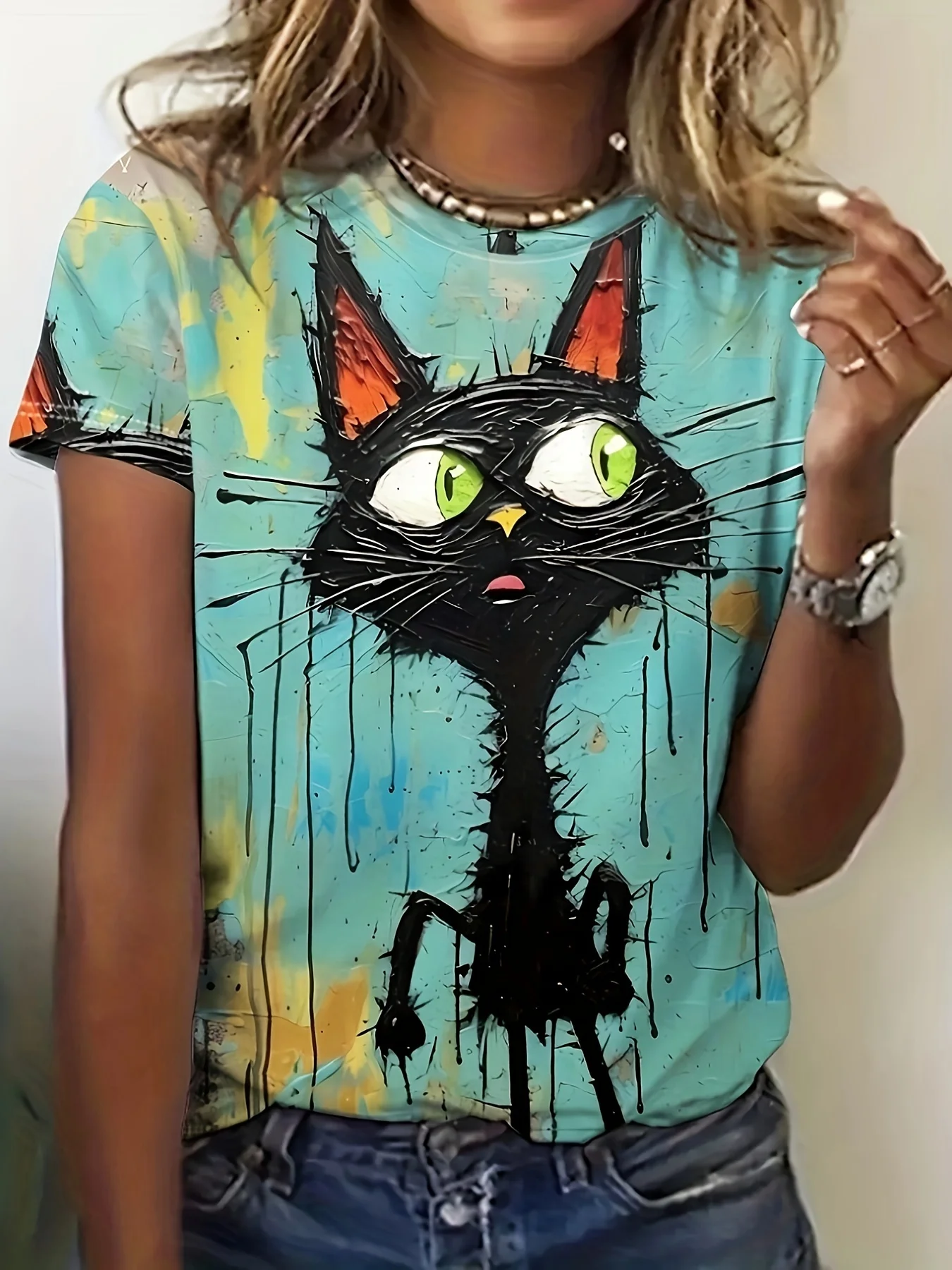 T-shirt femme Turquoise Pop Art Cat - Motif chat noir audacieux et effet goutte de peinture, design artistique audacieux pour un usage quotidien décontracté