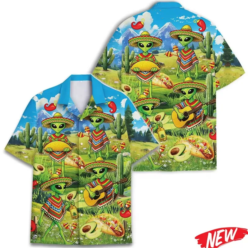 New Design Alien Graphic Hawaiian Shirt 2026 Summer Holiday Beach Button Short Sleeve Street Casual Oversized Lapel Men's Shirt