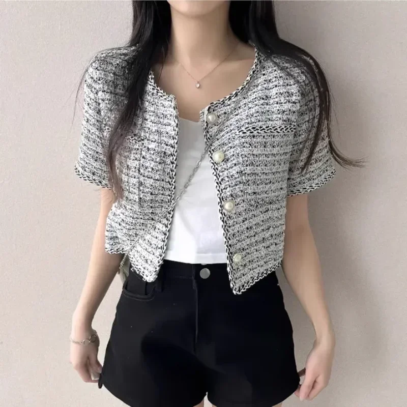 Kimotimo Tweed Jacket Women French Chic Short Sleeve Pearl Single Breasted Short Coat Summer Elegant All Match Slim Pockets Top