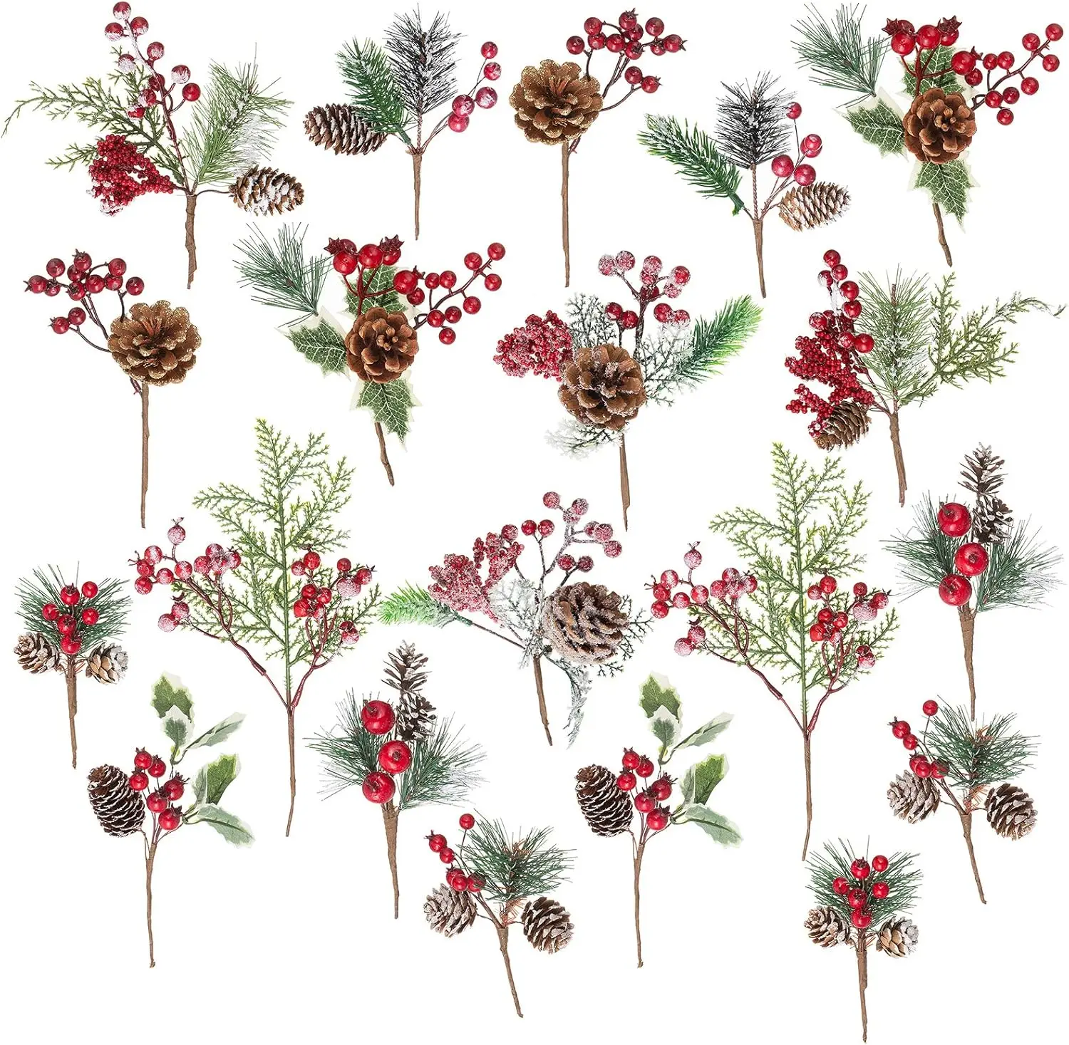 

20 Pack Artificial Christmas Tree Picks with Pinecones, Red Berries, Holly & Apples – Winter Holiday Decor