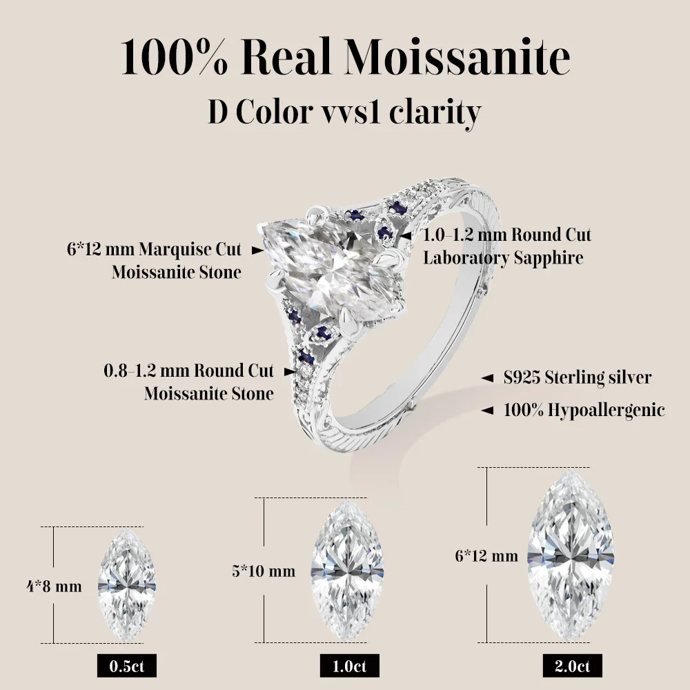 QIBAOKU Marquise 2ct Moissanite Ring With Lab Sapphire Women's Ring S925 Sterling Silver Wedding Jewelry Customizable 2026
