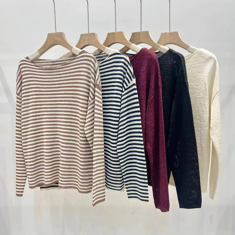 

Women 2024 Early Autumn New Fashionable Commuting Versatile Striped Long-sleeved Sweater Blouse