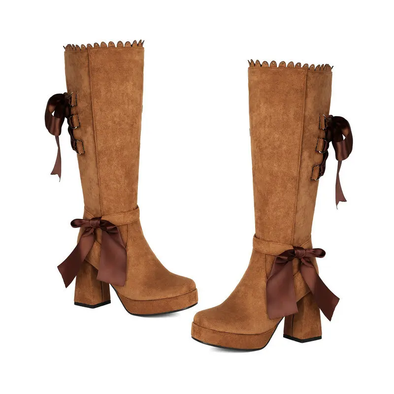 Sweet Pink Bow Knee High Long Boots Matte Suede Platform Chunky Heel Shoes Girls Cosplay Comic Con Party Footwear