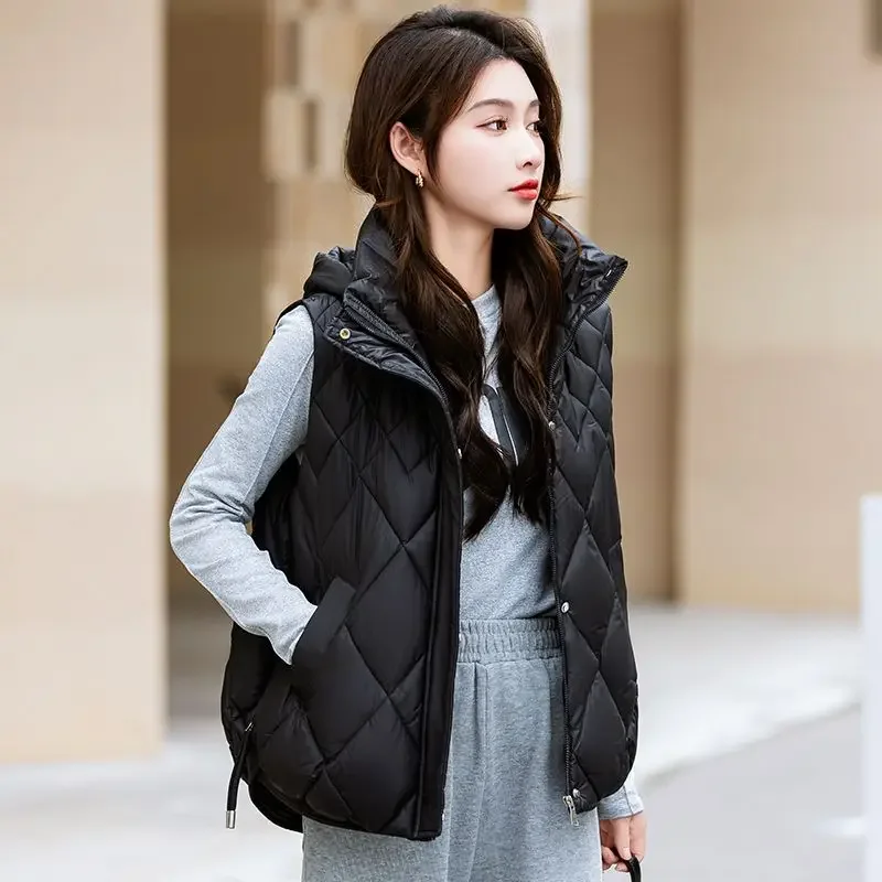 Padded Cotton Vest for Women Quilted Loose Black Hooded Waistcoat Woman New Outerwear Elegant Cold Lightweight Working Casual