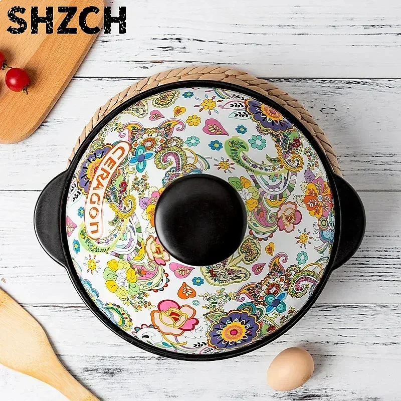 2L Ceramic Tagine Clay Pot Stew Casserole, High Temperature Resistant Gas Stove Soup Cooking Pot for Meat