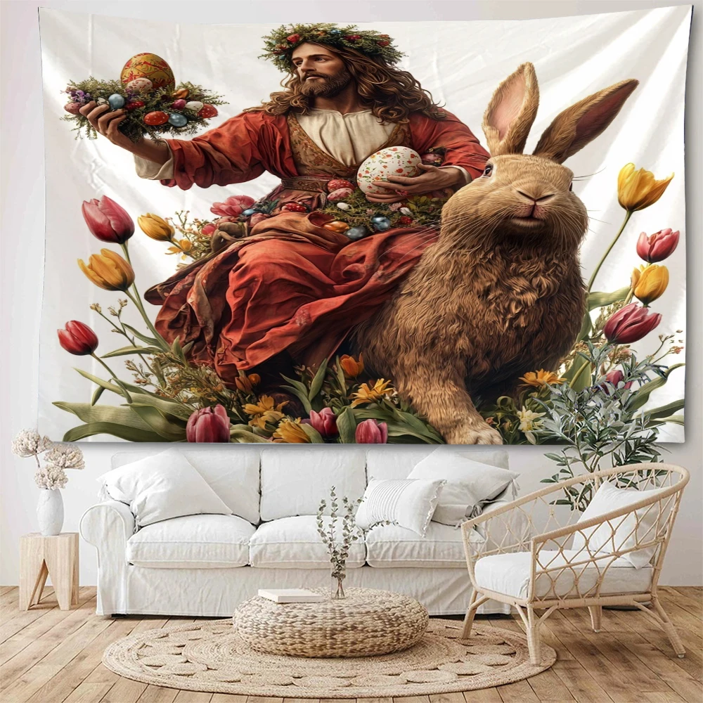 Easter is full of vitality and spring decoration tapestry with Jesus holding Easter eggs and cute rabbits in the background