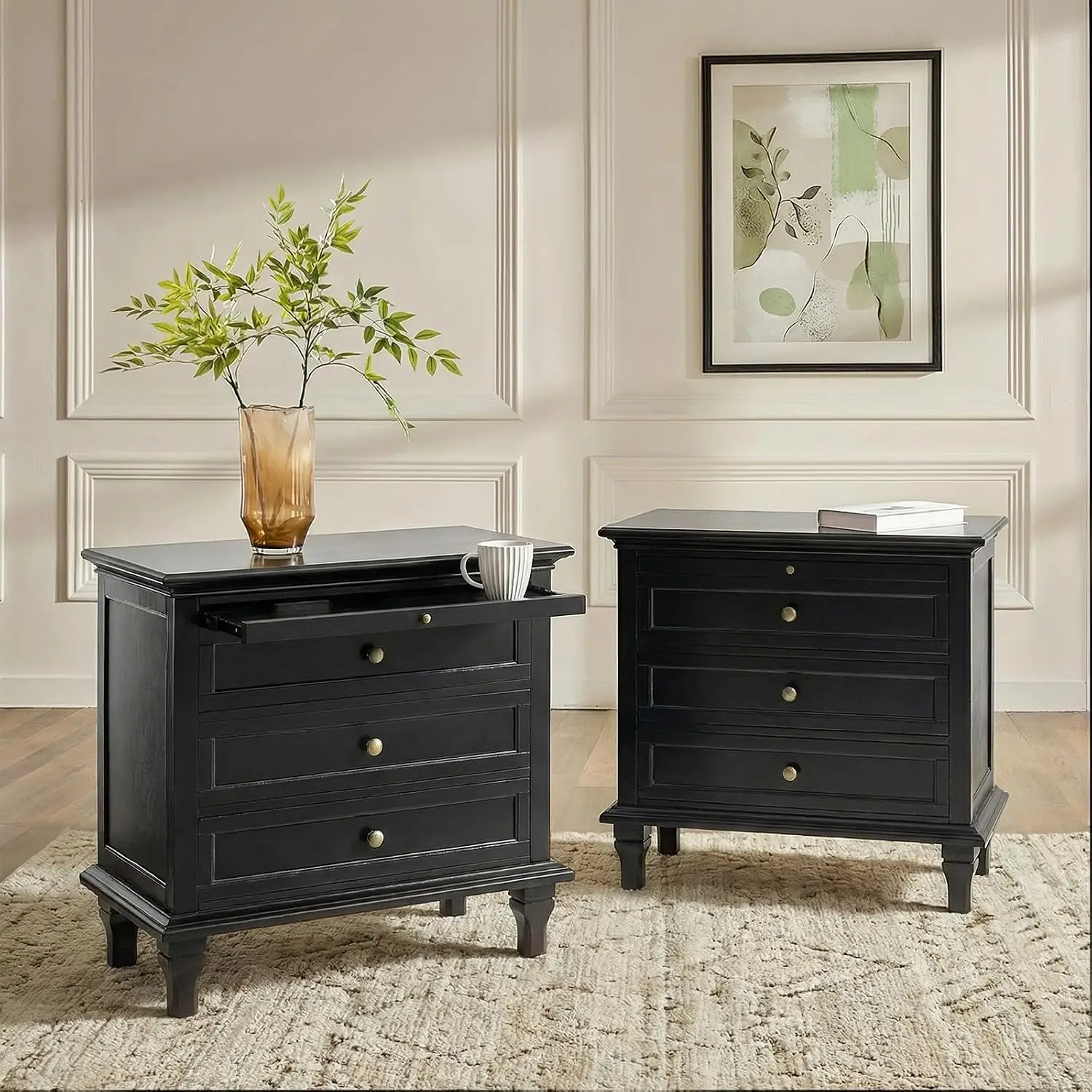 Farmhouse End Table with 3 Drawer & Charging Station, 2-Pack Black, Customized