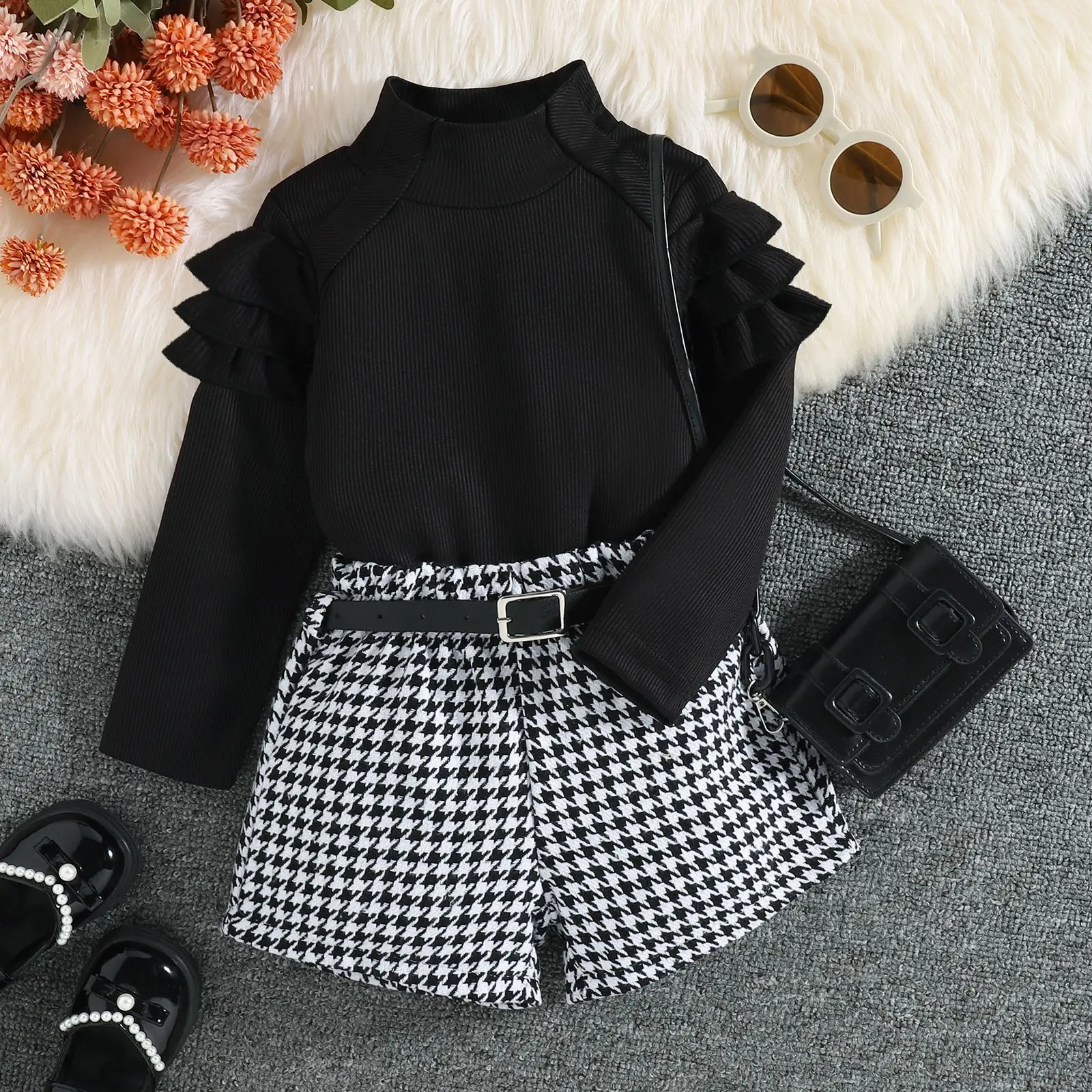 3Piece Fall Toddler Girl Clothes Korean Fashion High Collar Solid Long Sleeve Baby Tops+Shorts+Belt Luxury Kids Clothing BC870