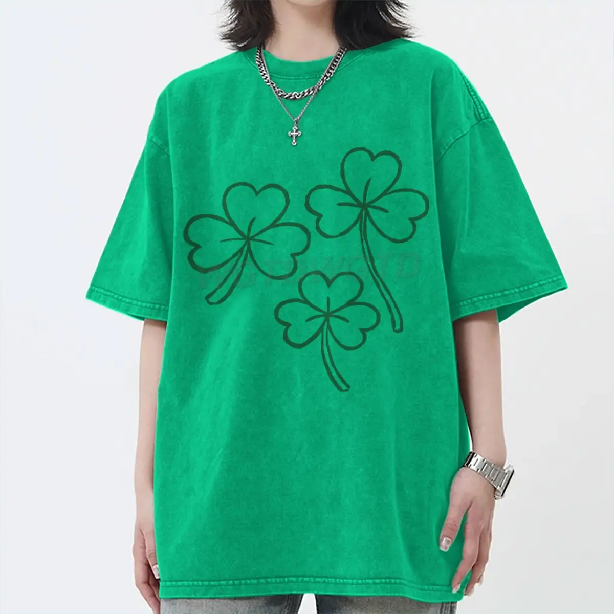 

Clover St. Patrick's Day Vintage Washed Short Sleeved Round Neck Y2K Tops Women Men New Festival Gifts Cotton Streetwear Tshirts
