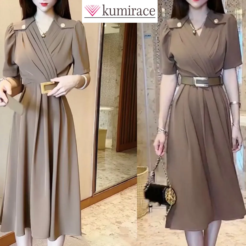 

Spring and Summer New Korean Fashion Waist Short-Sleeve V-neck Mid Length A-line Skirt Solid Color Age Reducing Skirt