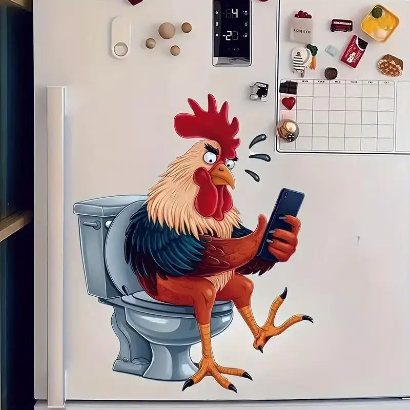 Fun Rooster Playing Phone Toilet Lid Decal - Non-drying Glue Reusable Toilet Wall Stickers Fridge Stickers