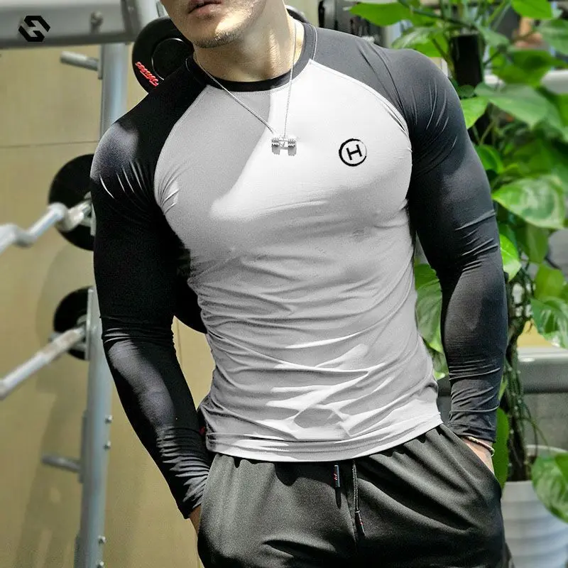 

Men's Fitness Color Matching Tight Fitting Clothes Quick Drying Sweat Absorption Breathable Long Sleeved Slim Fit Sports T-Shirt