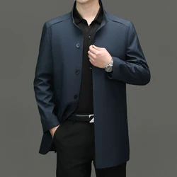 Men's 2025 Trench Coat Long Stand Collar Business Fashion Trend Solid Color Casual Coat for Young People