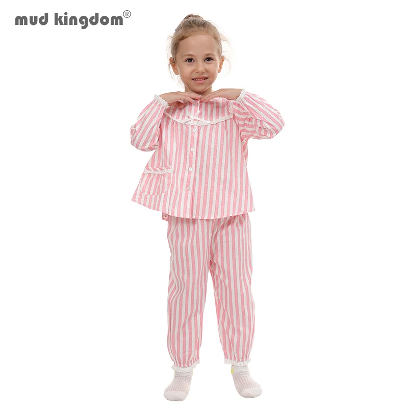 Mudkingdom boutique meninas conjuntos de pijama primavera outono bonito rendas listrado do coração da criança pijamas crianças roupa de dormir