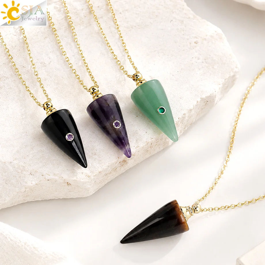 Gold Color Crystal Perfume Bottle Necklace Cone Pendant Charm Natural Stone Amethyst Pendants Essential Oil Diffuser Vial H961