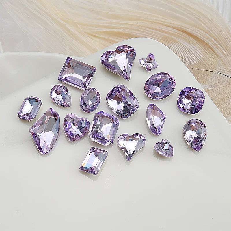 New 10pcs/Bag Nail Art Light Purple Sparkling Crystal Glass Diamond Violet Pointed Bottom Bare Diamond Series Nail Accessories