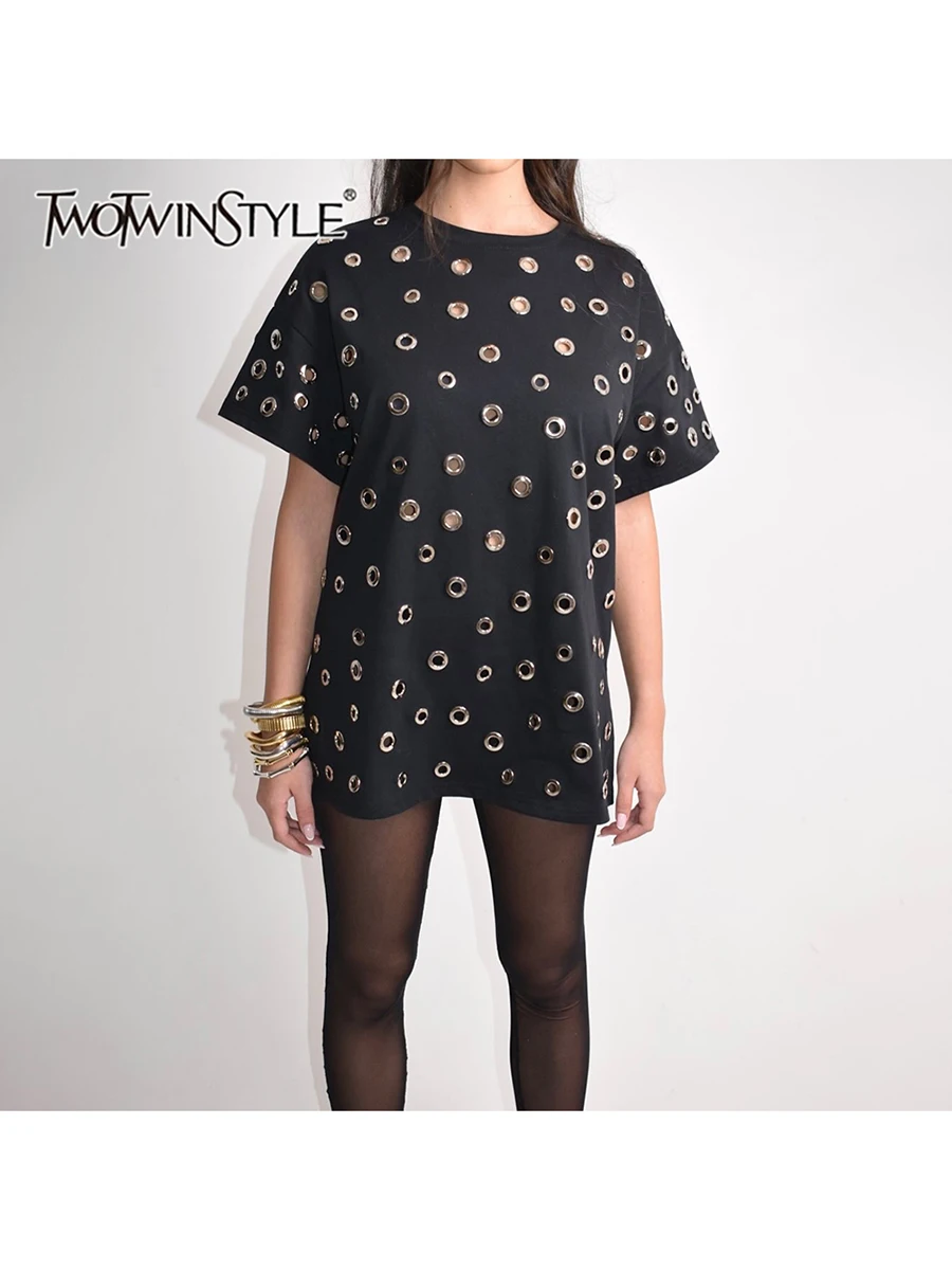 

TWOTWINSTYLE однотонные свободные повседневные футболки для женщин с круглым вырезом и коротким рукавом, темпераментные футболки, женский модный стиль, новинка