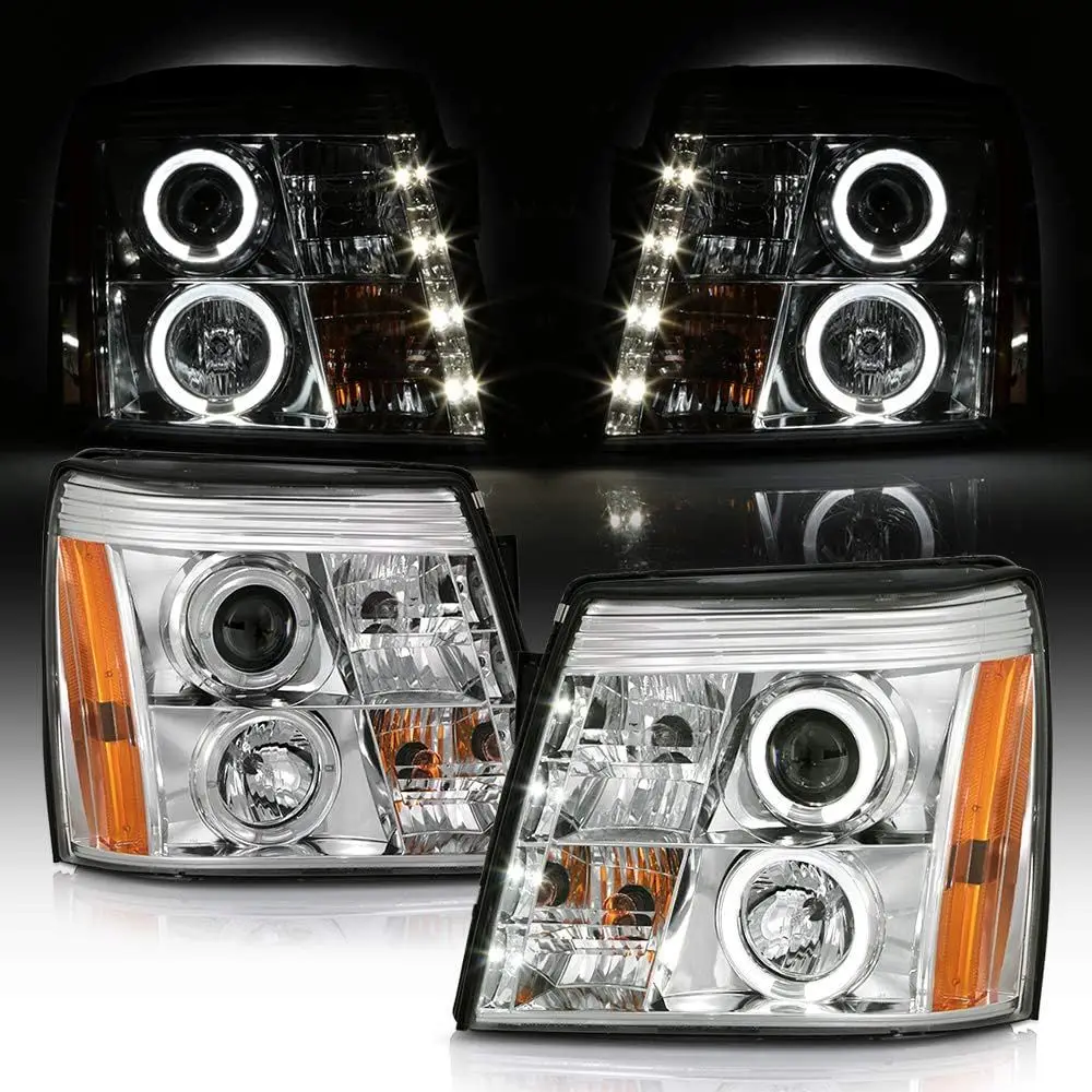 

- For 2002-2003 Cadillac Escalade LED Halo DRL Chrome Housing Projector Headlights Headlamps, Driver & Passenger