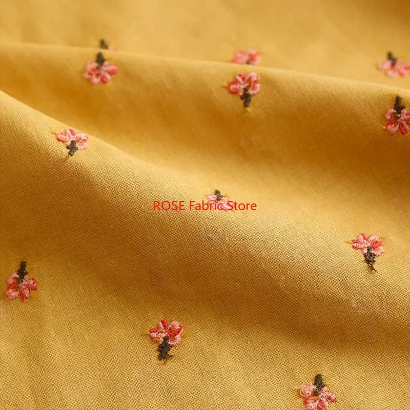 3D Pink small flower Ramie Embroidery Cotton And Linen Fabric For dress, tops, table cover, costumes design, Summer Dress