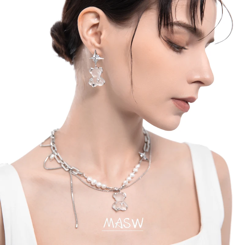 MASW Trendy Jewelry Little Bear Earrings 2022 New Trend Original Design Thick Silver Plated Asymmetrical Star Earrings For Girl