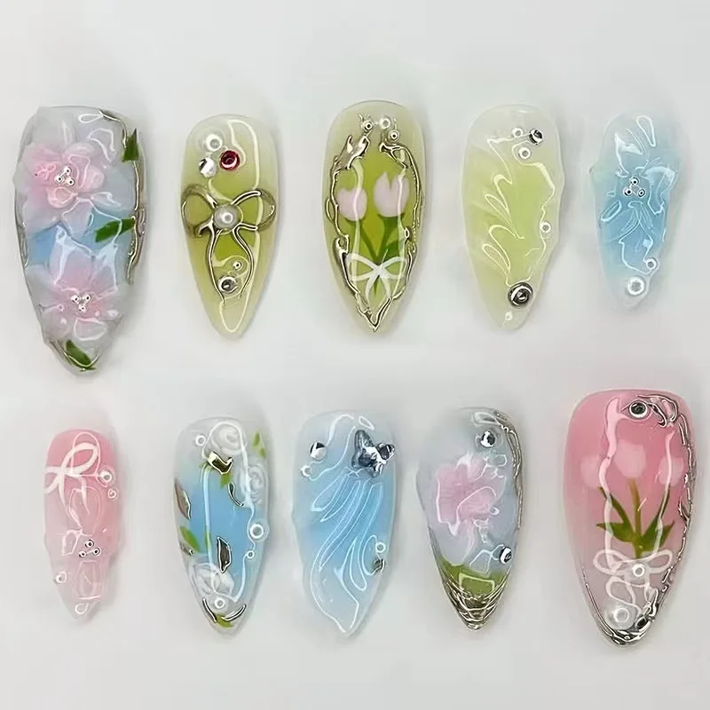 

24pcs New 3D Carving Wearing Armor Hot Stamping Tulip Bow Pearl Almond shaped Fake Nail Slices