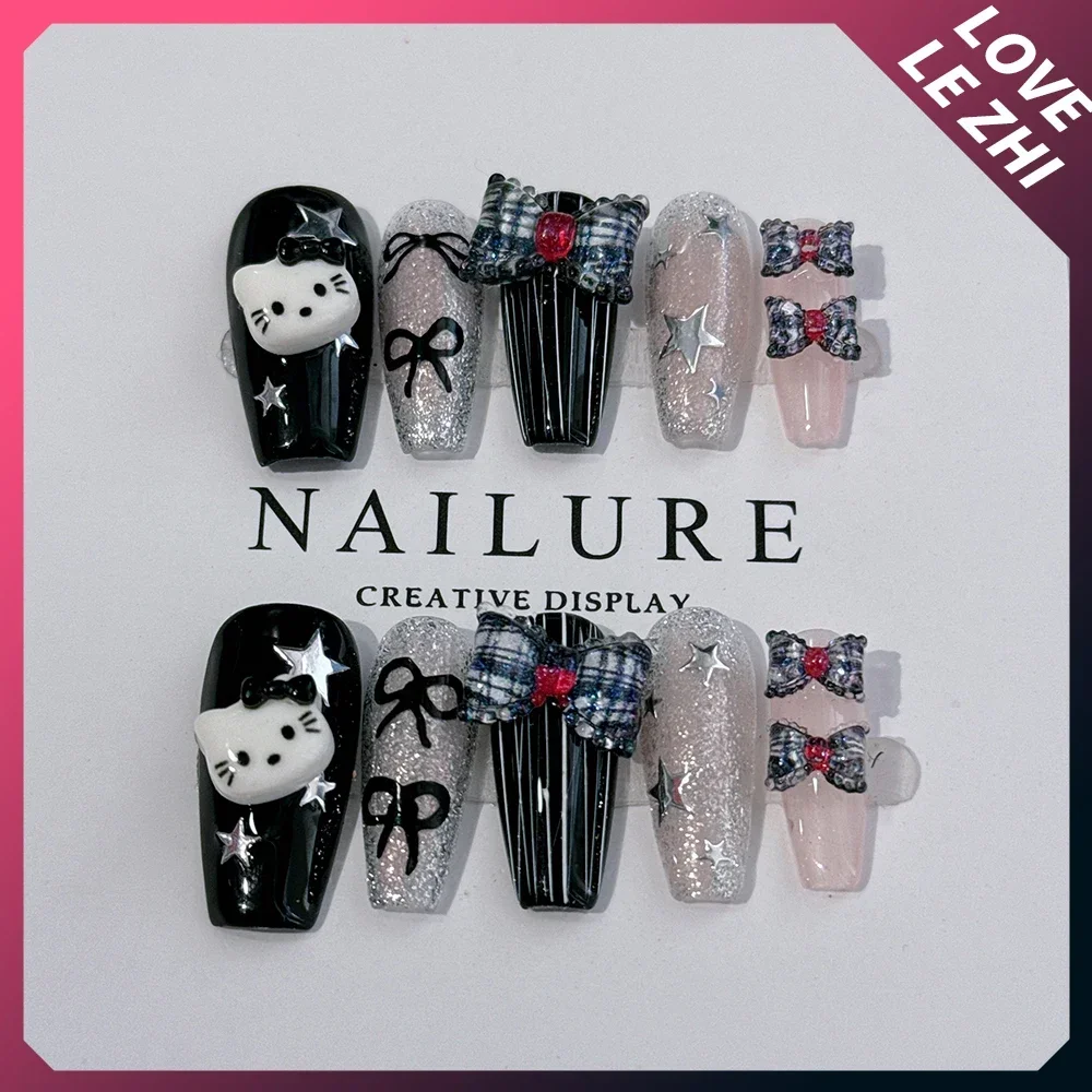 3D Long Coffin Sanriod Press On Fake Nails Bow Pearl Flowers Metal Love Mymelody Kuromi Handwork Full Cover Nail Tips Wholesale