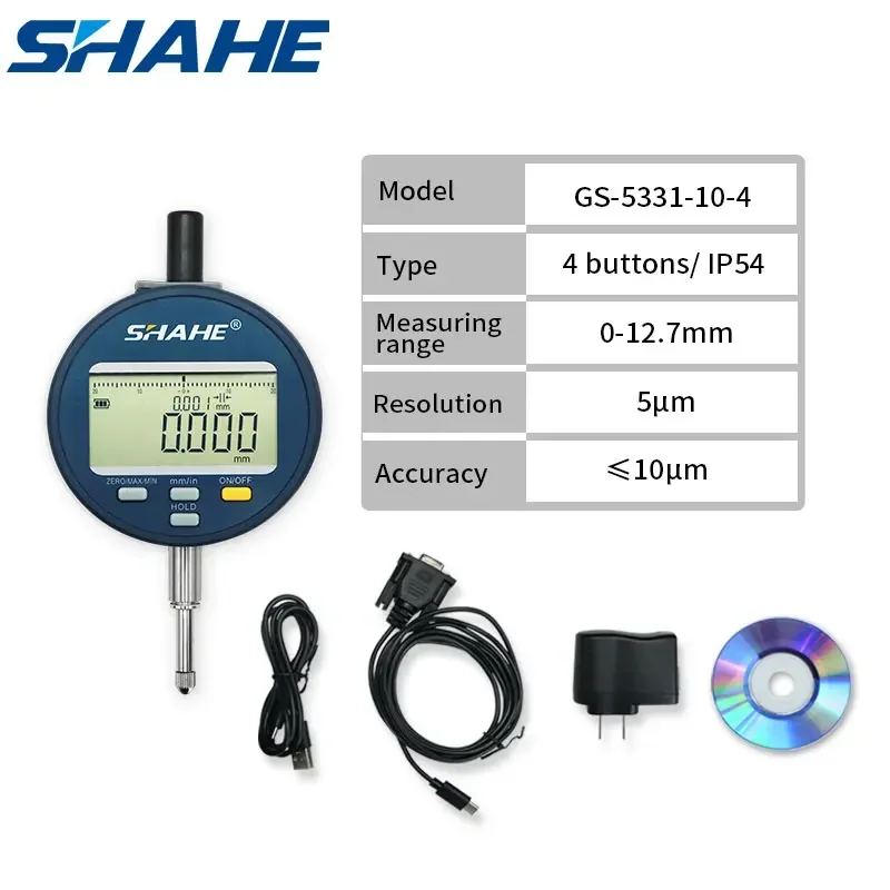 

SHAHE 0-12.7 /25.4/50.8mm IP54 Digital Dial Indicator 5μm Resolution Metric Inch Dial Indicator Gauge Rechargeable Battery