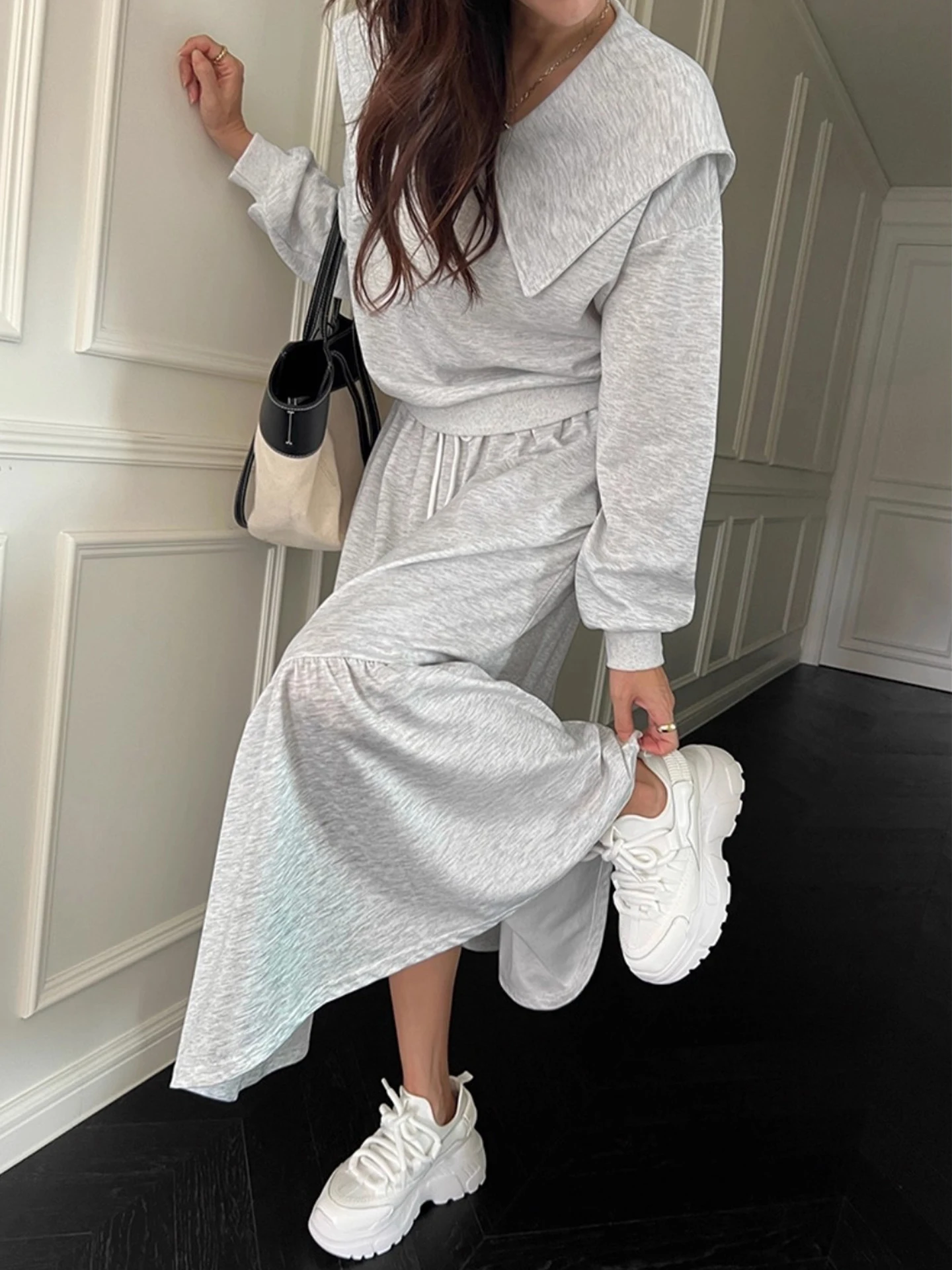 Chique herfst lang Sve-sweatshirt dames hoge taille A-lijn rok set casual comfortabele outfit woon-werkverkeer Sle pure kleur